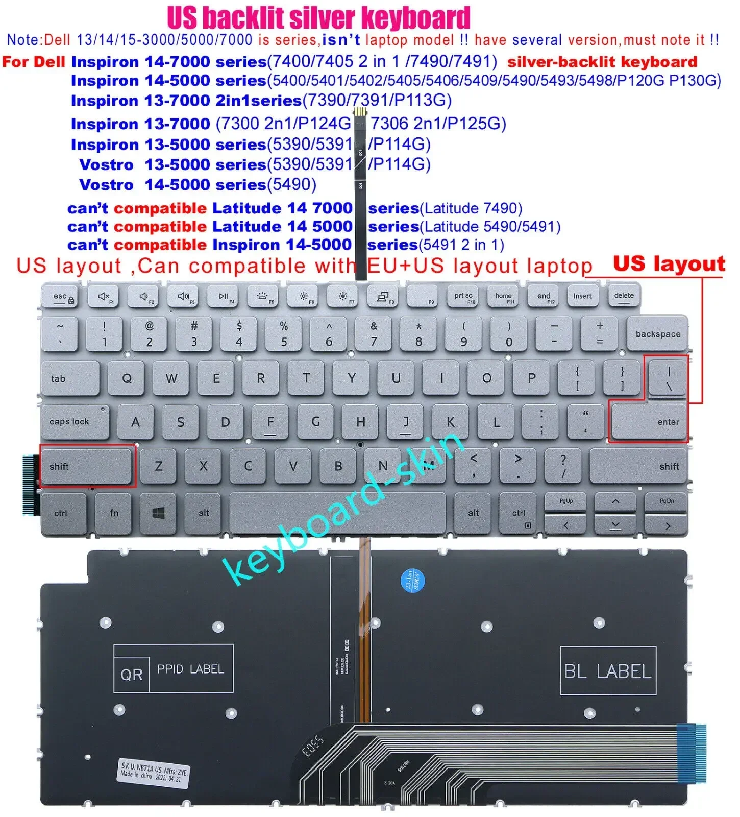 Silver US backlit Keyboard for Dell Inspiron 5401 5402 5405 5406 5409 5490 5493 5498 P120G P130G 7490 7491 7400 7405 2n1 7390