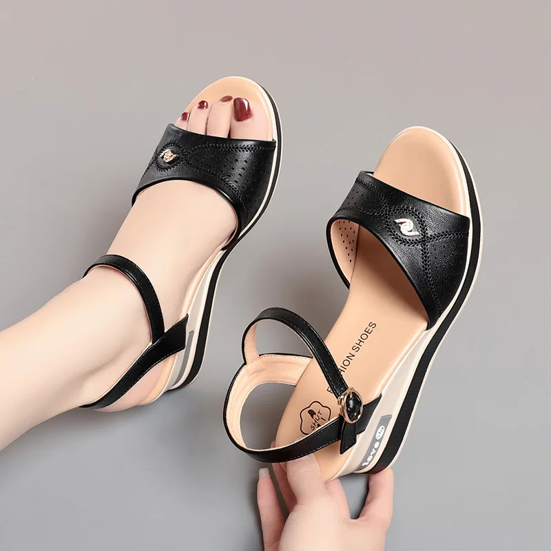 Summer Women Sandals Casual Flat Shoes Genuine Leather Female Wedges Soft Sole Cozy Mother Shoes Butterfly Hollow Breathable