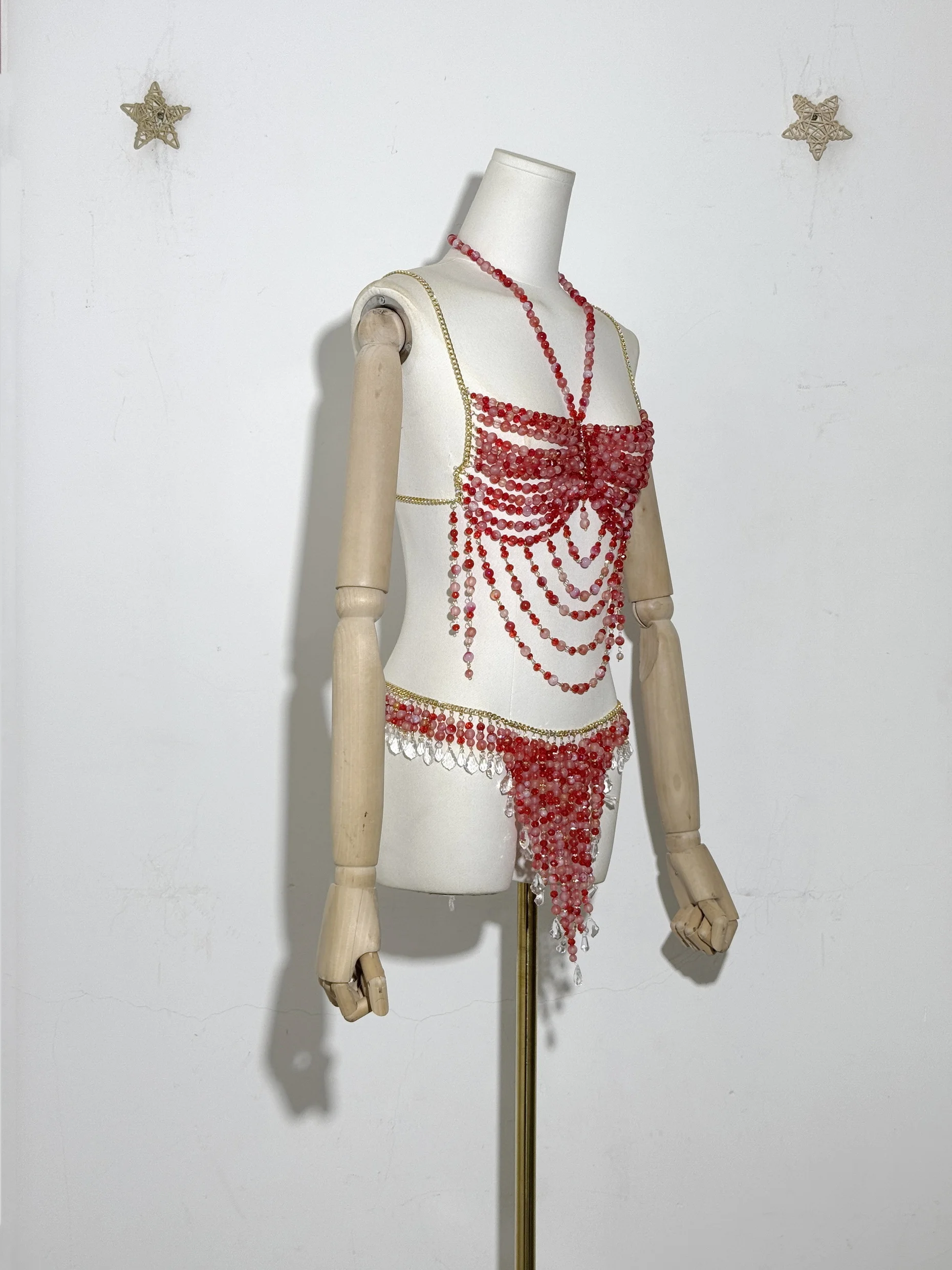 New Amazing Romantic Date Women Handmade Beaded Body Chain Bikiini Bra Skirt Set Hot Sexy Halter Tank Top Belt Beahwear Lingeie