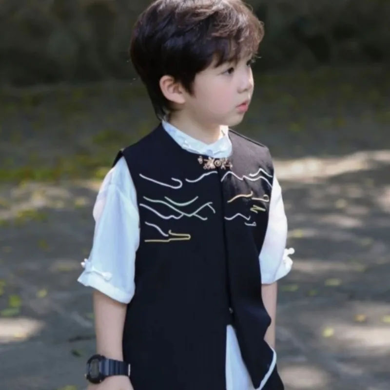 Boys' 2026 New Summer Vest Pants Shirts 3-Piece Set Children's Ancient Costume Printed Vest Kids' Chinese Tang Costume Set LJ696