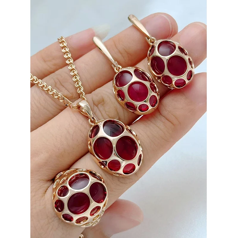 Kinel Shiny Red Natural Zircon Jewelry Set for Woman Fashion 585 Rose Gold Color Ring Earrings Necklace 3Pcs Vintage Jewelry Set