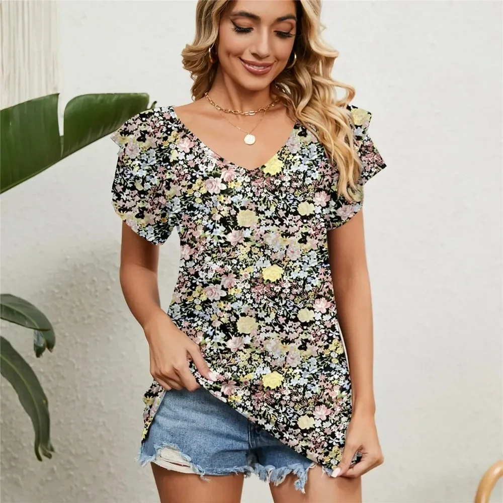 Blusa floral elegante de manga curta feminina, Tops de verão, camisa popular coreana, roupas femininas vermelhas, 2022