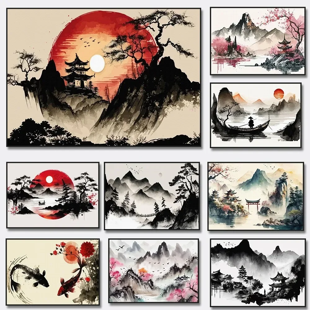 1pc Frameless Chinese Landscape Birds Forest Mountain River Koi Carp Fish Ink Art Poster Canvas Painting Wall Art Prints Picture
