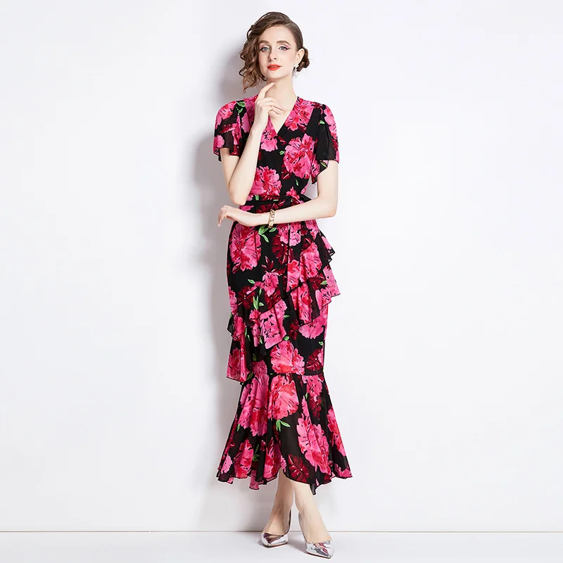 Elegante Zomer Goregous Bloemenprint Chiffon Zeemeermin Boho Vrouwen V-Hals Korte Mouw Print Ruches Veterriem Vakantie Maxi Robe