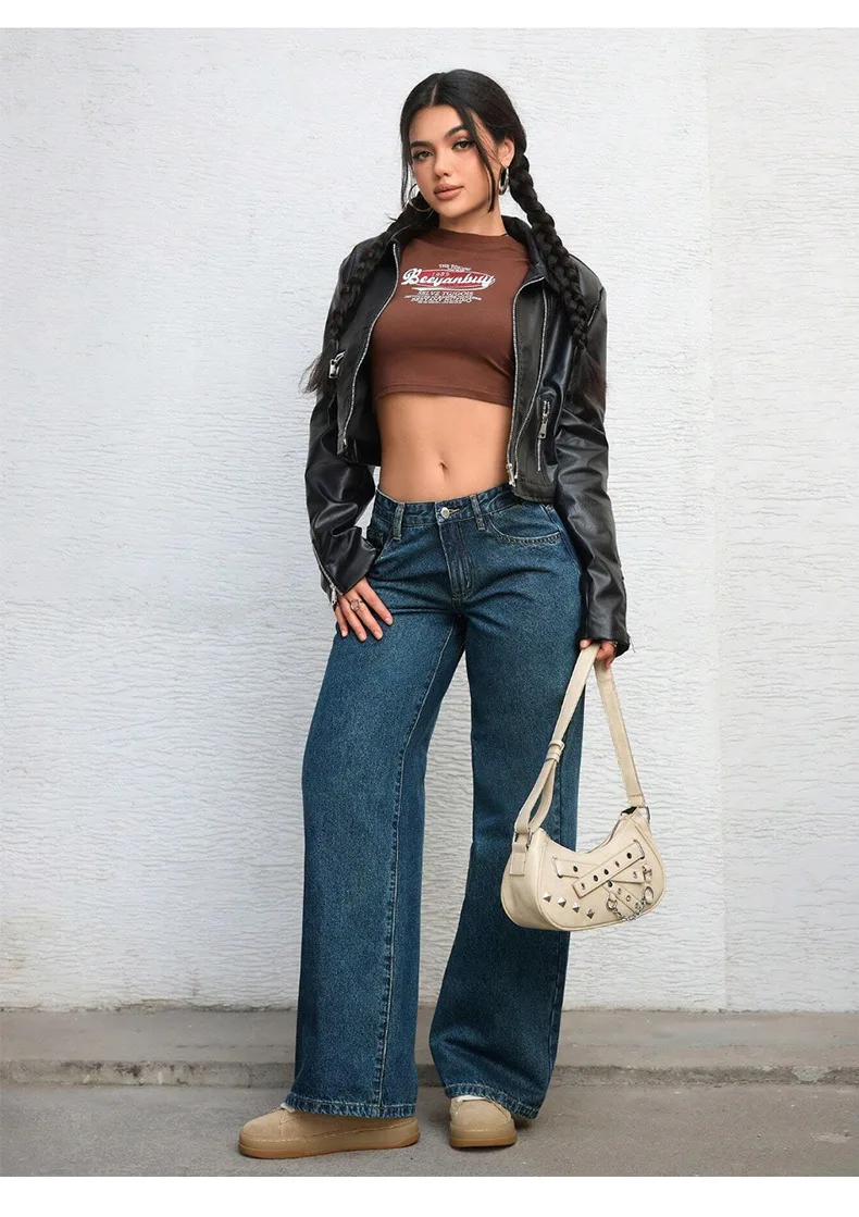 

Женские широкие джинсы с низкой талией, новинка 2025 года, узкие прямые брюки в стиле ретро в американском стиле