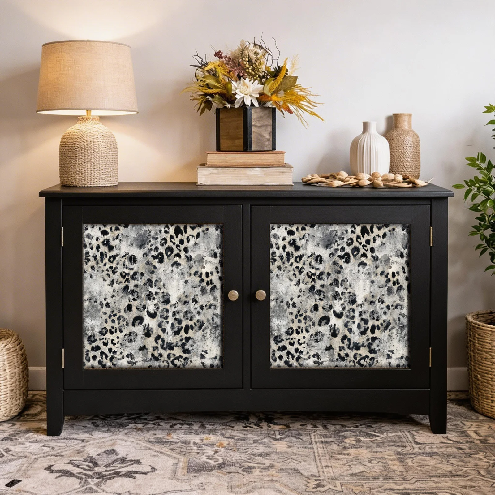 

Grey Leopard Peel and Stick Vinyl Wallpaper Morden Black and White Self Adhesive Waterproof Furniture Cabinet Stickers