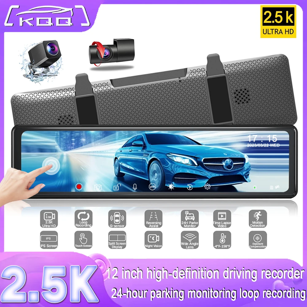 12'' Dashcam with  2.5K Front and 1080P Rear Dual Lens Touch Screen Stream Media Camera support 24H Parking Monitor Wifi Car DVR