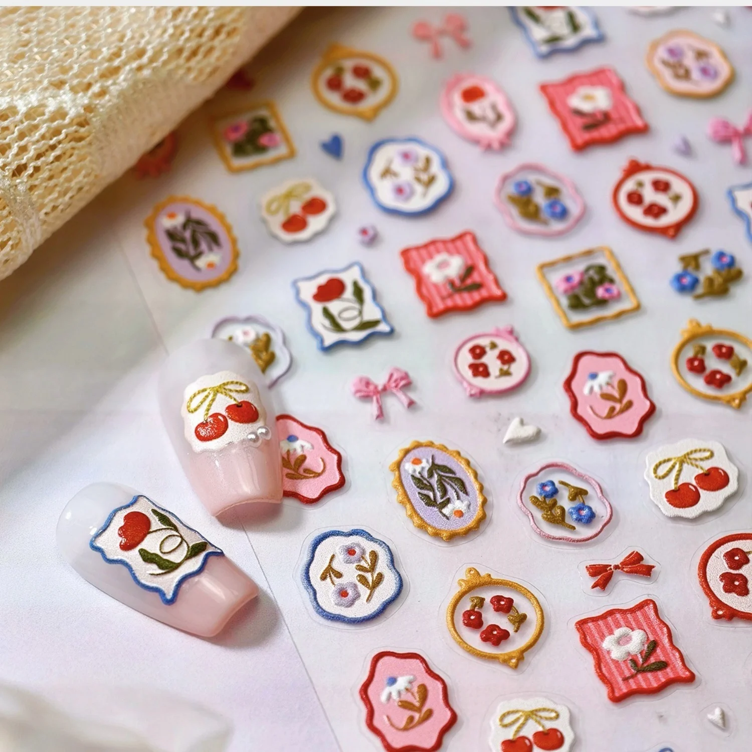 Colourful Flower Bowknot Cherry Rose Daisy Garden Retro Photo Frame Heart Reliefs Self Adhesive Nail Art Sticker Manicure Decals
