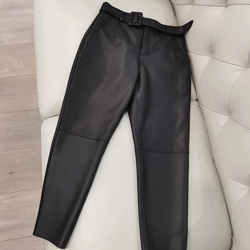Customizable Color Leather Pants For Women Real Sheepskin High Waist With Belt Korean Fashion Streetwears Trousers Office Lady