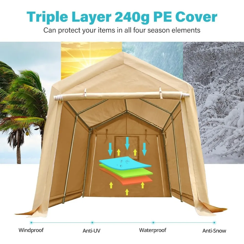 مرآب تخزين محمول مضاد للثلج على السطح للدراجات النارية أو أدوات الحدائق مع بابين وفتحات قابلة للطي، بيج