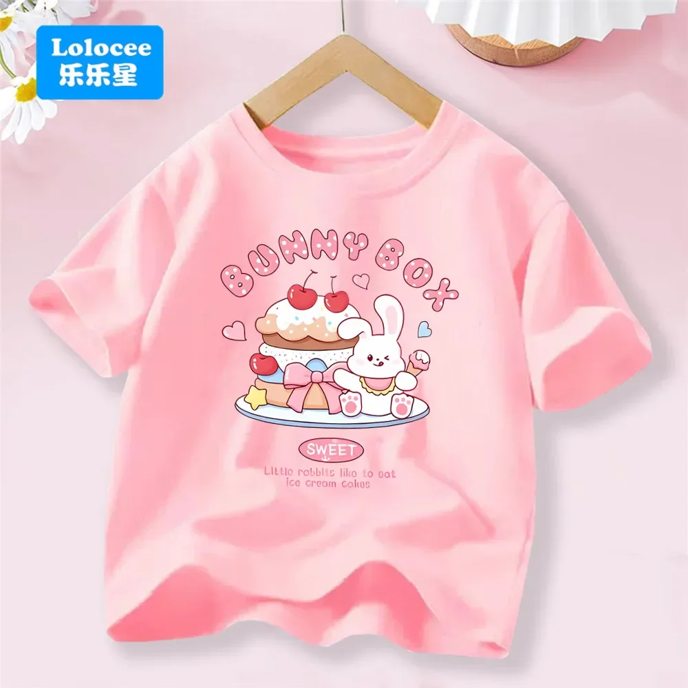 تي شيرت مطبوع عليه كعكة الآيس كريم الوردية من Sweet Day للفتيات ملابس أطفال ناعمة قابلة للتنفس بنمط أرنب ملابس على الطراز الحلو