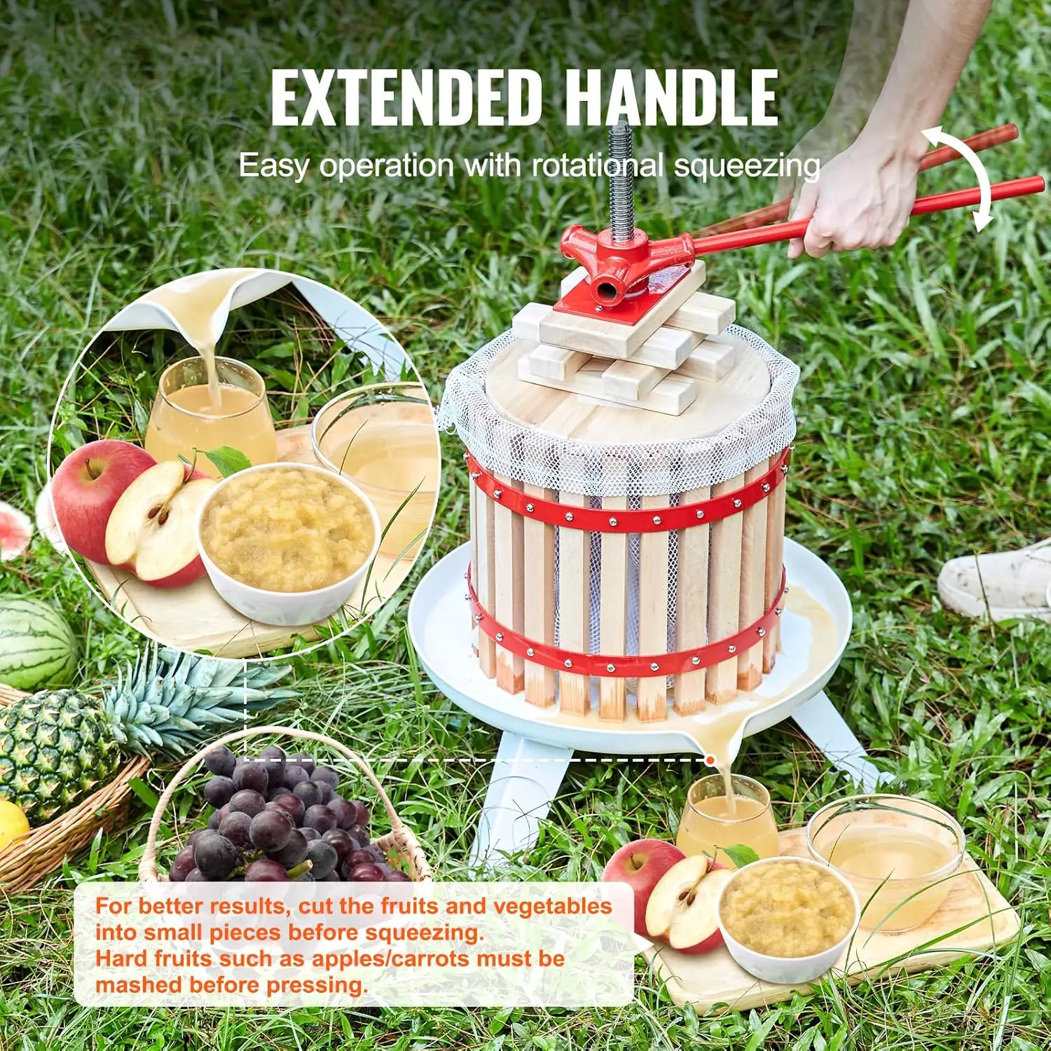 フルーツワインプレス、3.2ガロン/12L、6ブロック付き無垢材バスケット、手動ジュースメーカー、サイダーアップルグレープチンキ野菜ホン