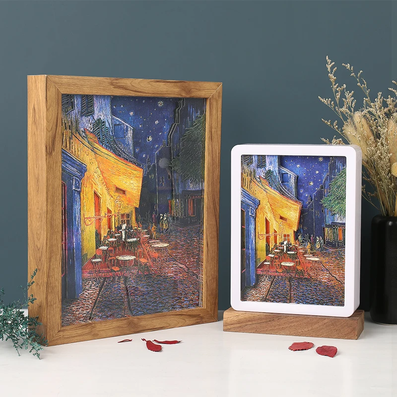 Shadow Box Frame With Led Wall Lamp Van Gogh Oil Paintting Picture Frame 3D Paper Sculptures Desk Lamp Lights Decoration Gifts