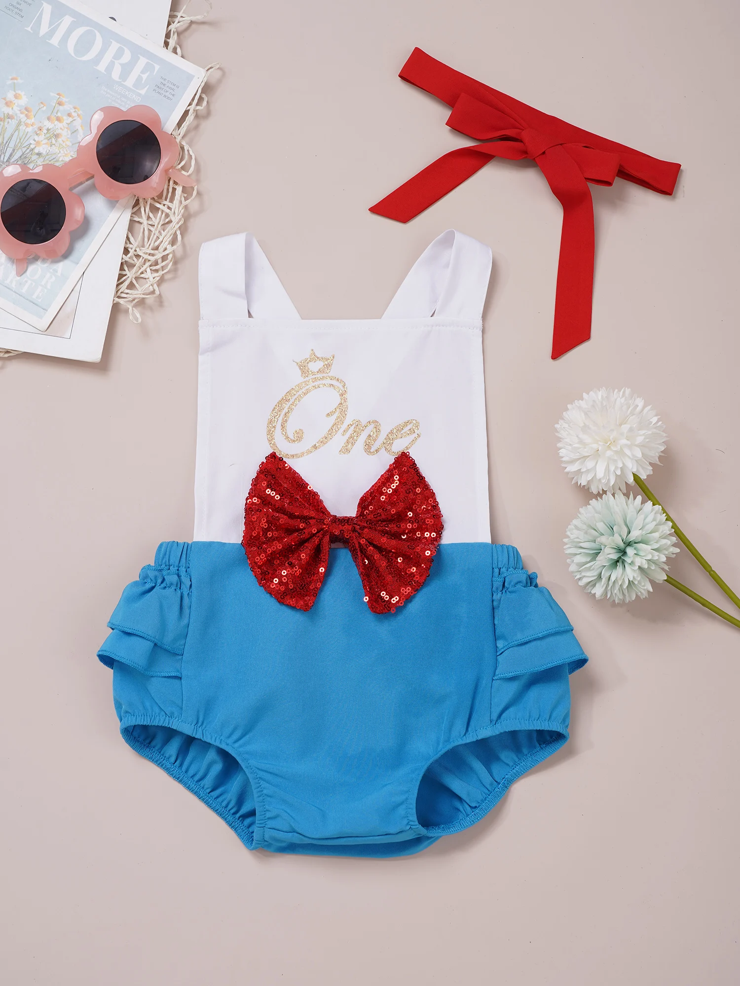 Baby Girls Princess Cosplay Romper Sequin Bowknot Ruffle Trim Bodysuit with Headband for Birthday Halloween Dress Up Photography