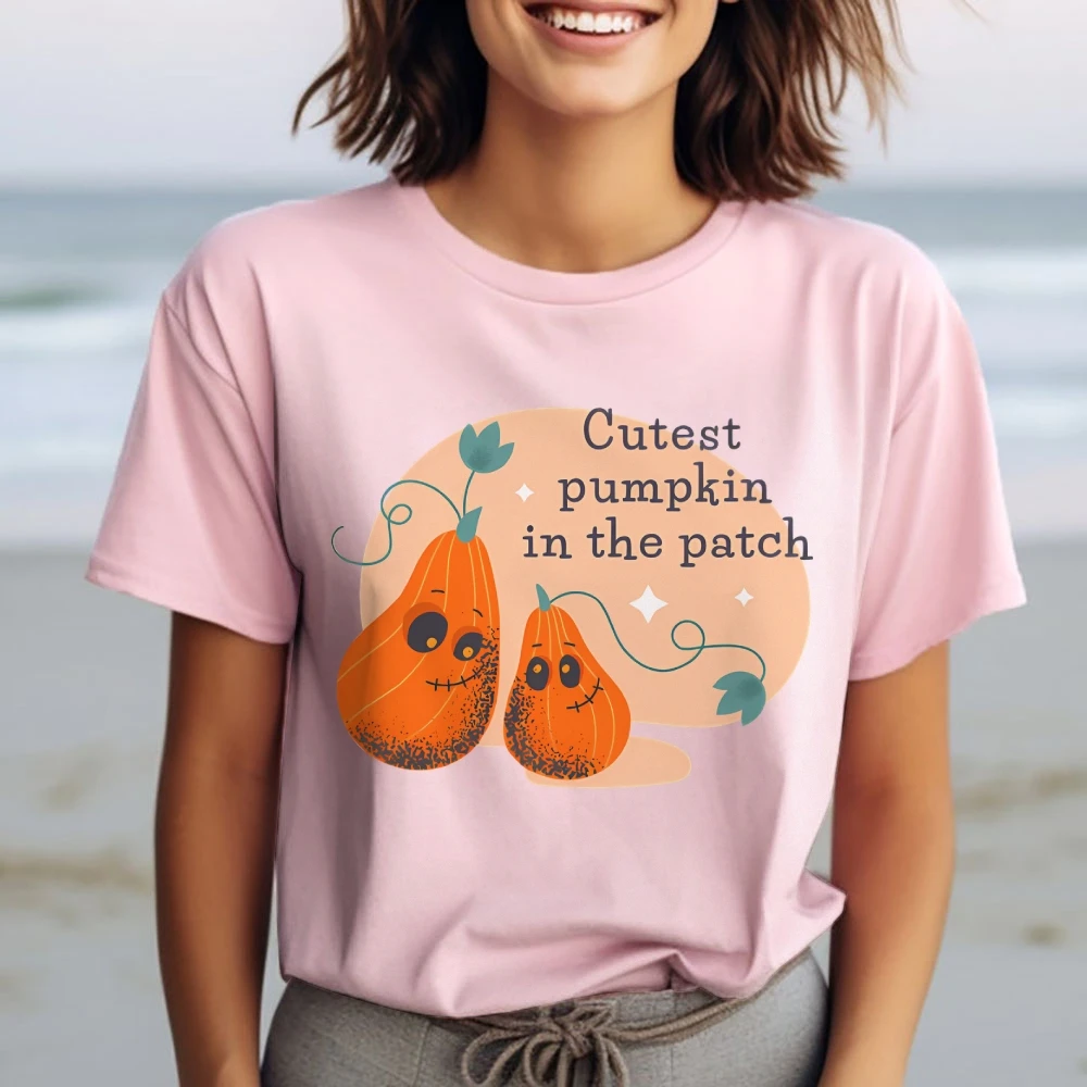 

Y2K Хлопковая повседневная женская футболка с коротким рукавом и круглым вырезом, красочная, милая, с милым мультяшным рисунком на Хэллоуин, самая милая тыква в нашивке