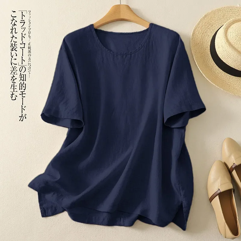 Plus Size Women Linen Cotton Crew Neck Pullover T Shirt Loose Tummy Hiding Casual Short Sleeve Tops Summer Fashion S To 4XL