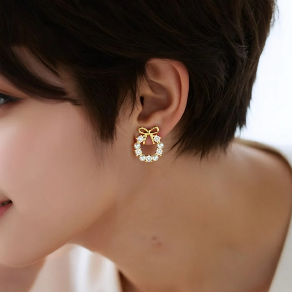 High Quality Minimalist Creative Round Bow Earrings Fashion Rhinestone Imitation Pearl Earrings Designed for Women Jewelry Gifts