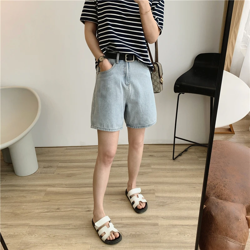 

Джинсовые шорты с высокой талией и широкими штанинами, женские, свободные, больших размеров, тонкие, летние, корейский стиль, повседневные джинсы