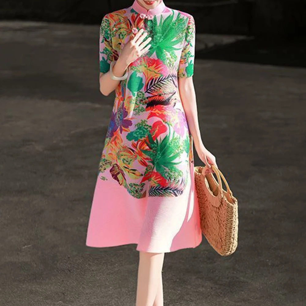 

Spring and summer new temperament retro elegant and thin new Chinese style printed disc button dress
