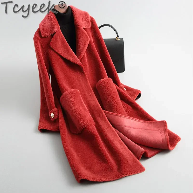 Tcyeek 100% Wool Jacket Fashion Sheep Shearling Coat Ladies Winter Jackets for Women Mid-length Grain Wool Coat Casaco Feminino