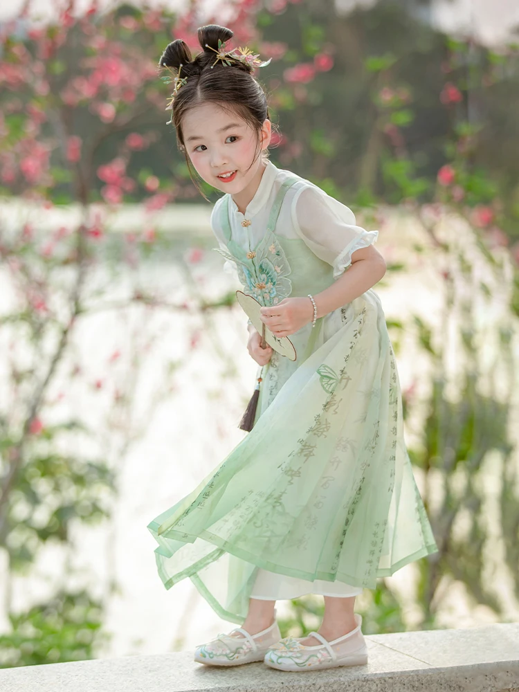 هانفو فستان صيفي للفتيات ، زي تانغ للطفل ، بدلة تانغ ، خرافية فائقة ، تنورة صينية ، طراز عتيق