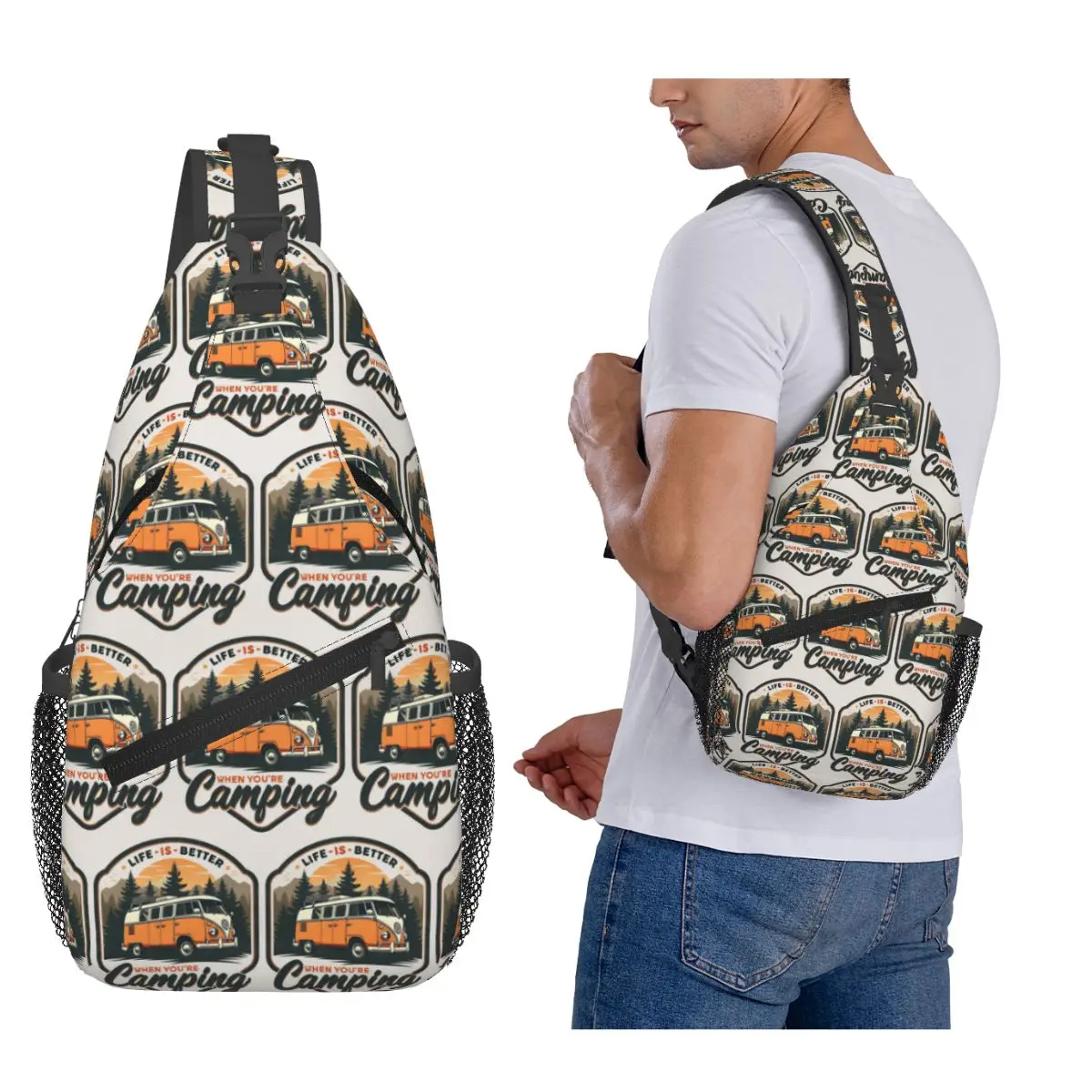 CamperVan Happy Camper Chest Bag Men Sling Crossbody Backpack Chest Bag Travel Hiking Daypack Shoulder Bag