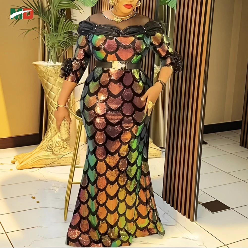 

MD African Plus Size Kaftan Dress Wedding Party Djellaba Gown Turkey Dress luxury elegant 2024 Sequins African Clothes Ankara