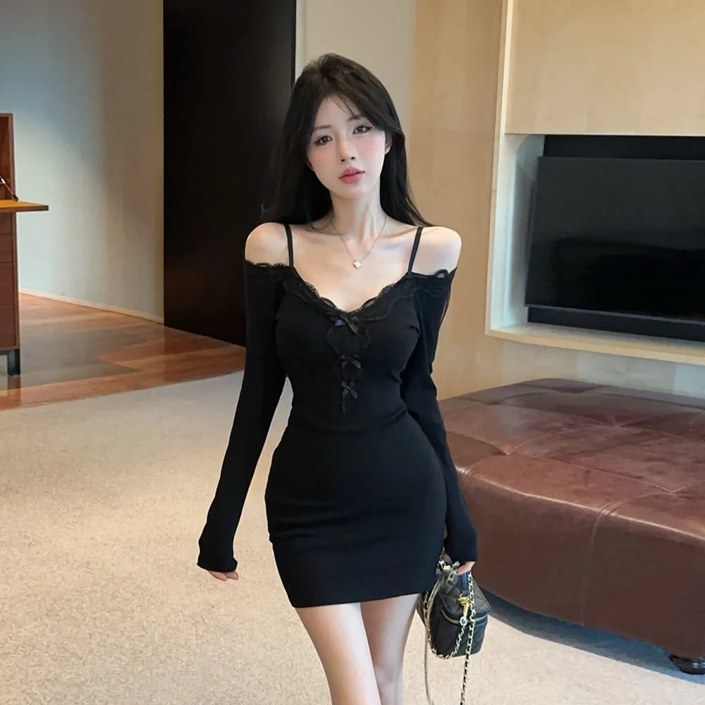 

Sexy Deep V Lace Trim Belted Wrap around Dr Crossbody Date Night Gown Low Waist Knitted Polyester Thi Long Sve Dr