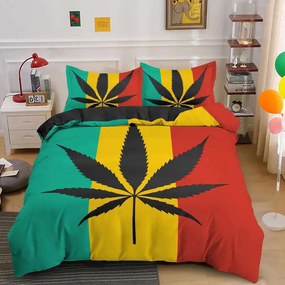 Maple Leaf Duvet Cover with Pillowcase King/Queen Size Colorful Striped Black Leaves Print Soft 2/3pcs Polyester Quilt Cover