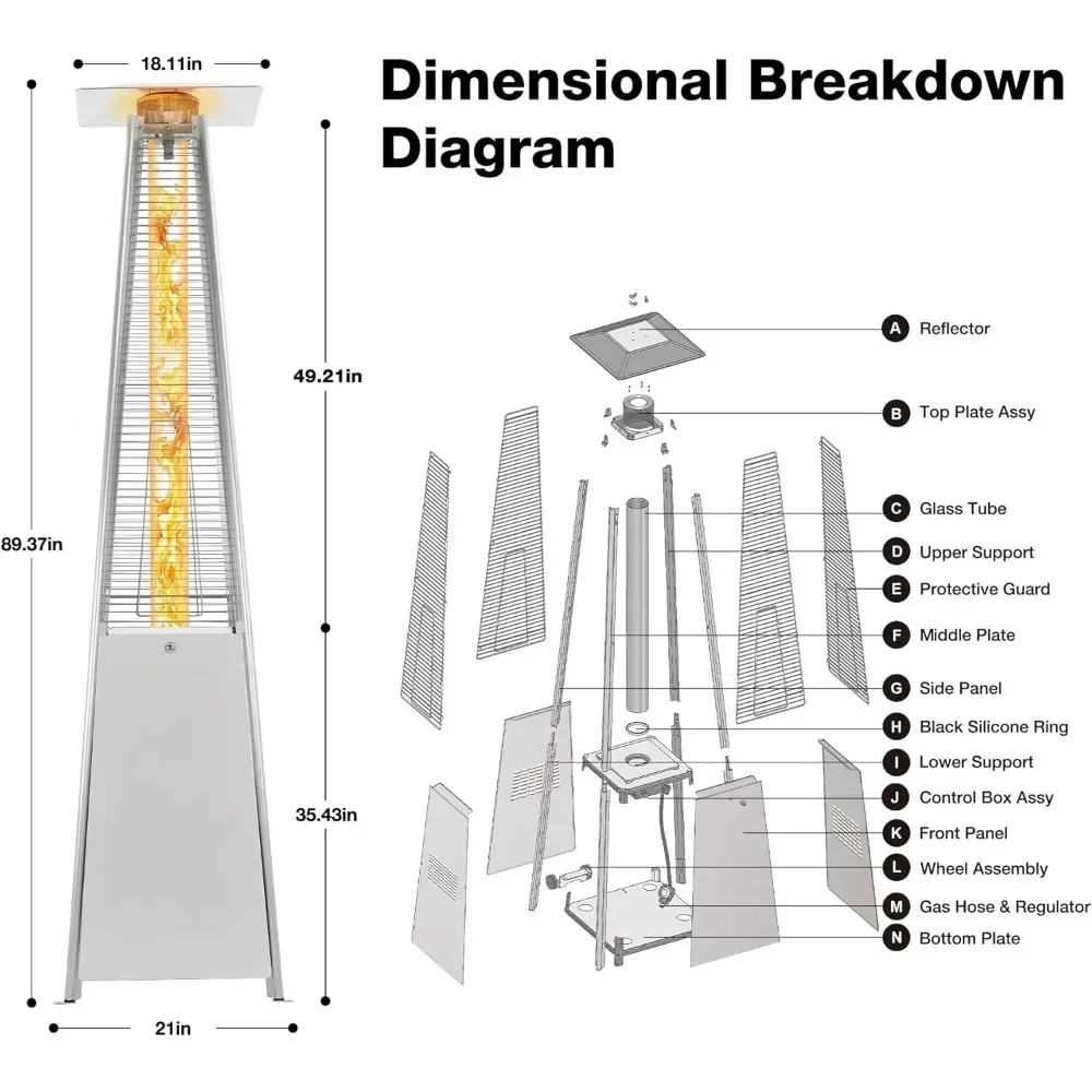 Pyramid Patio Propane Heater，48,000 BTU Outdor Patio Flame Heater， With Wheels,Waterproof Cover Quartz Glass Tube Propane Heater