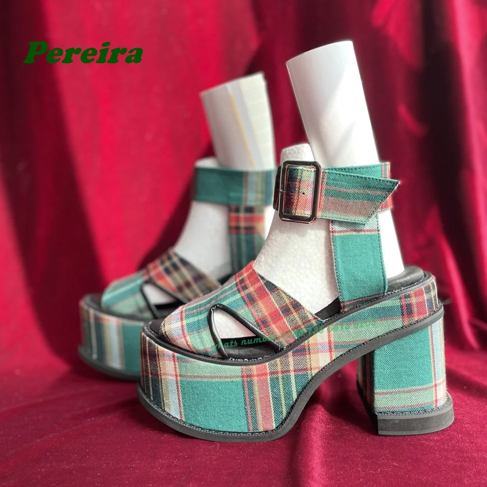 

Plaid Pattern Peep Toe Sandals Cut Out Buckle Slingback Women's Sandals Chunky Heels Platform Retro Shoes Summer 2024 Lolita