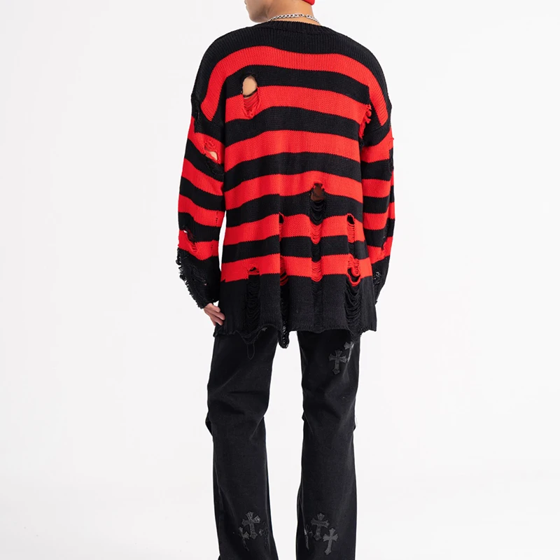 High Street Retro Oversized Red and Black Stripes Sweater Men Crew Neck Loose Hole Color Match Autumn and Winter Clothes Unisex