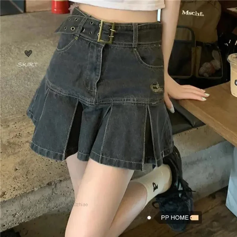 

High Waist Y2K Jean Skirts For Women Vintage Black Denim Pleated Skirts Harajuku Belted Sashes Ruffles Punk Outfits A-line Skirt