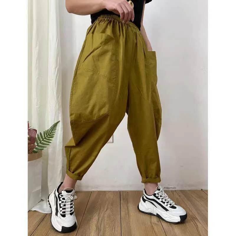 New Arrival 2023 Spring Summer Women Elastic Waist Loose Ankle-length Pants All-matched Casual Solid Cotton Harem Pants P271