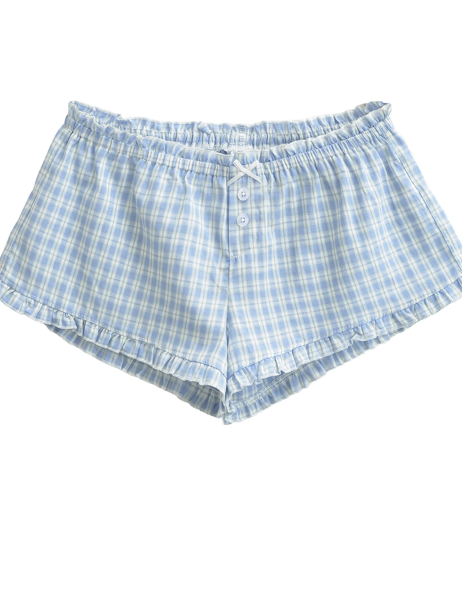 American Style Retro All-Match Elastic Waist Plaid Casual Straight Leg Shorts Women Summer Lace Hem Low Waist Hot Pants