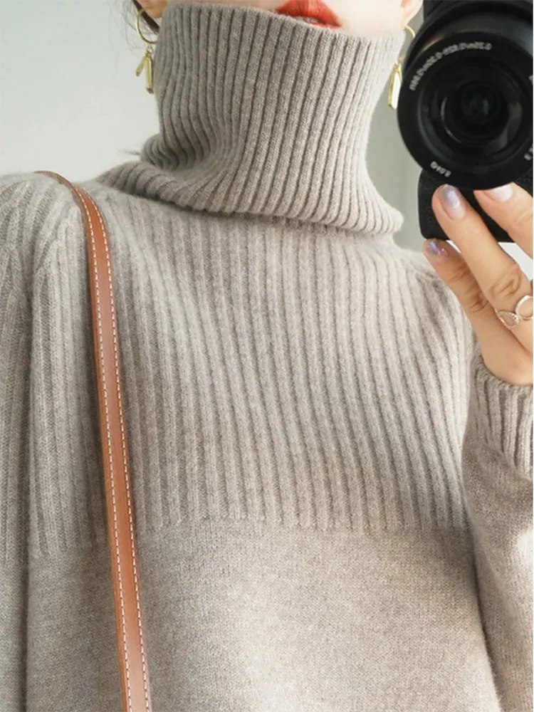 

Ladies Thiened Loose High Collar Knitted Sweater Long Sve Color Crew Ne Pullover Soft Casual Sle Winter Top