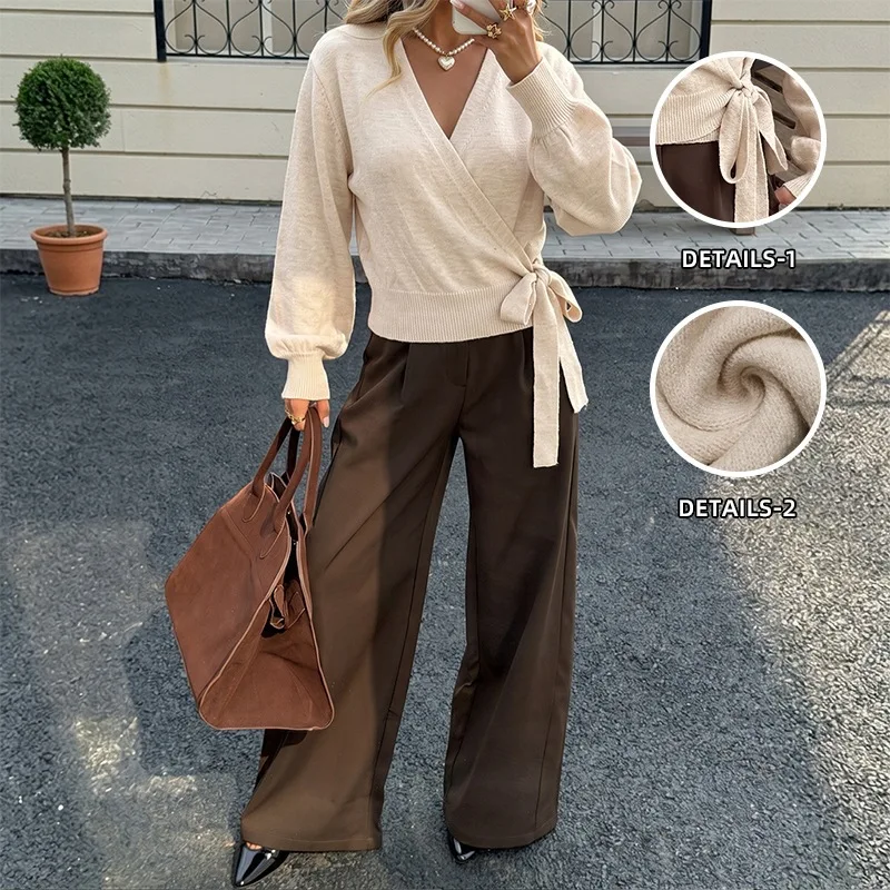 Women Knitted Pullovers Sweaters Solid Jumpers Lace Up V Neck Long Sleeves Slight Strech Loose Fit Casual 2026 Autumn Winter