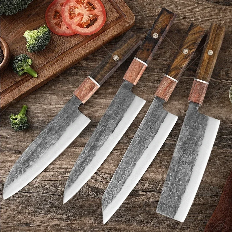 WXCOO Stainless Steel Kitchen Knives Set Japanese Chef's Forged Santoku Knife Fish Fillet Cutter with Wooden Knives for Cutting