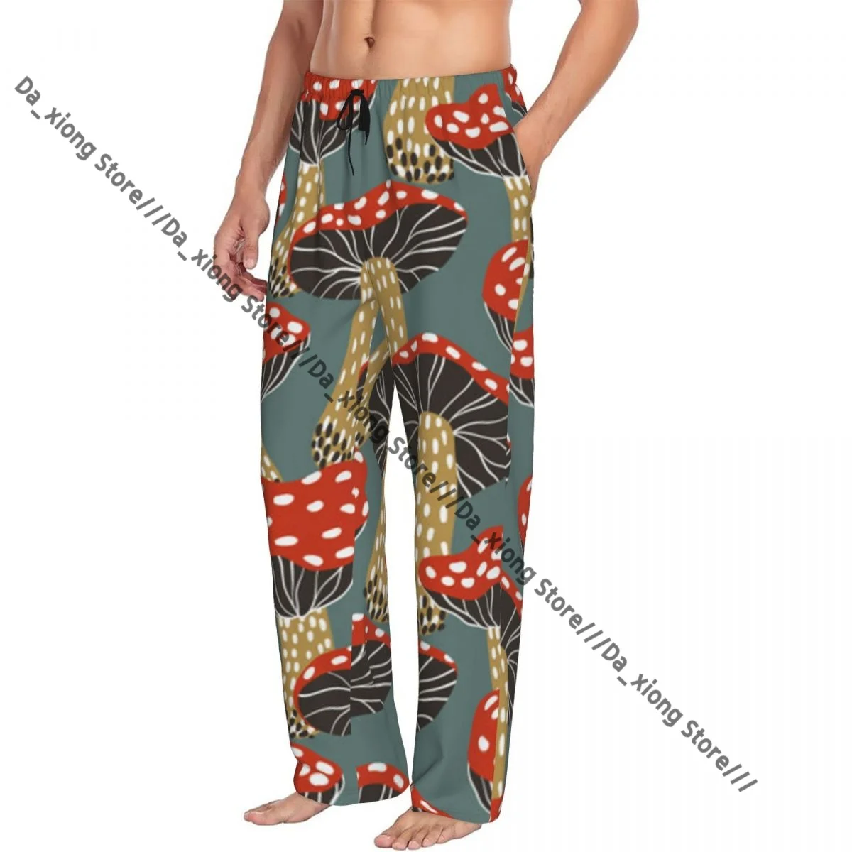 

Mens Casual Pajama Long Pant Loose Elastic Waistband Retro Mushrooms Cozy Sleepwear Home Lounge Pants