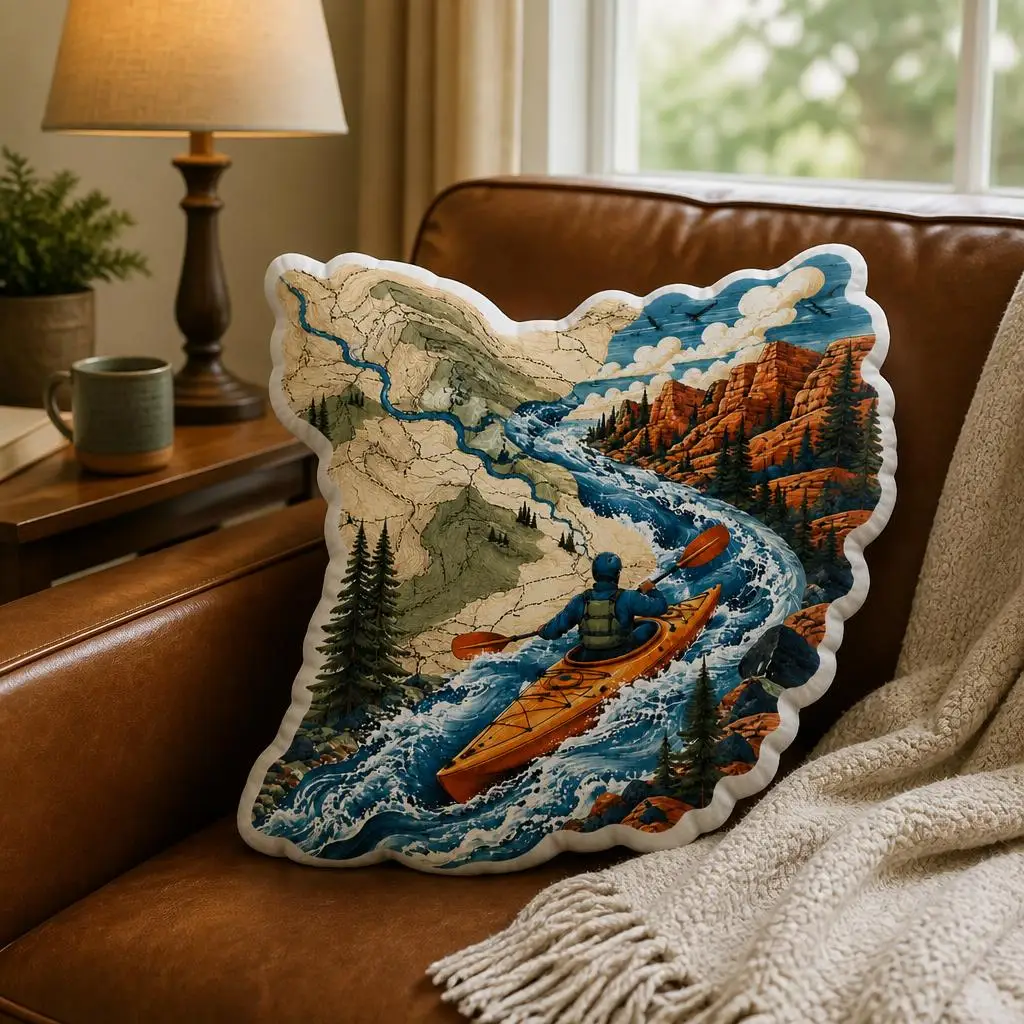 Whitewater Kayak Throw Pillow Canyon River Map Cushion Outdoor Adventure Paddler Gift Irregular Stuffed Sofa Home Decor Art