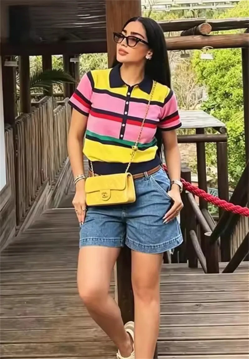 Smvp Women's Top 2026 Summer New Color-Block Stripe Splice Short Sleeve Polo Collar Loose Knit Top Casual Fashion Personality