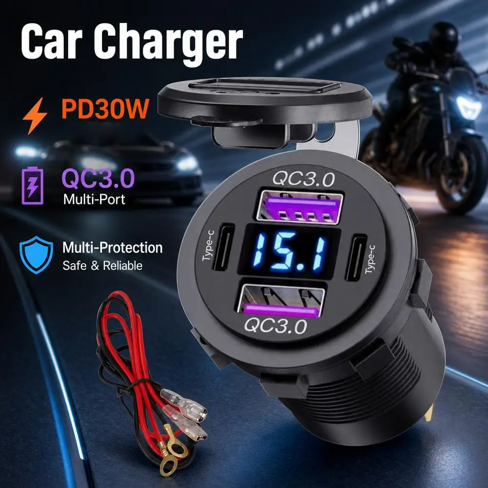 12V-24V Waterproof Dual USB & Type-C PD 30W Car Charger Socket with LED Voltmeter Display, Fast Charging Power Adapter Outlet