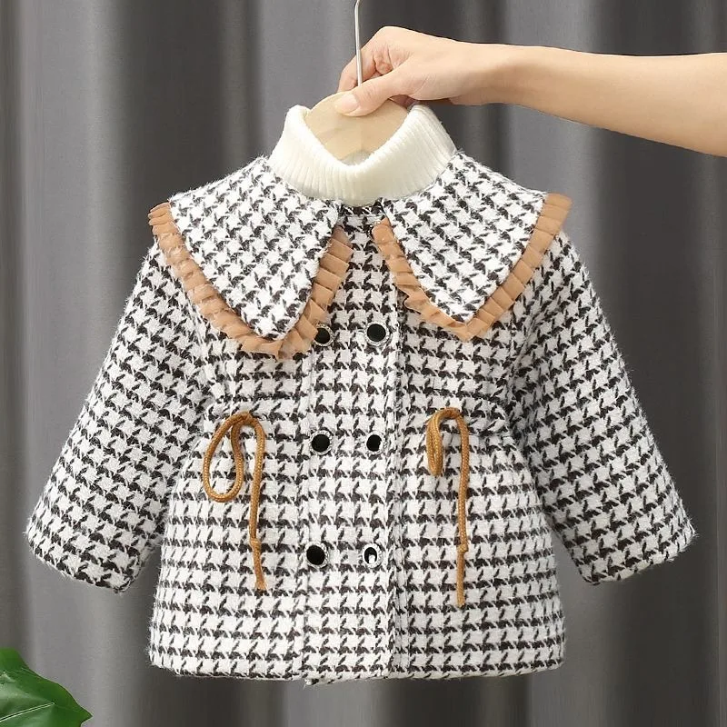 

2025 New Girls' Houndstooth Thickened Wool Coat for Kids Spring Autumn Winter Warm Trendy Children's Woolen Coat with Pattern