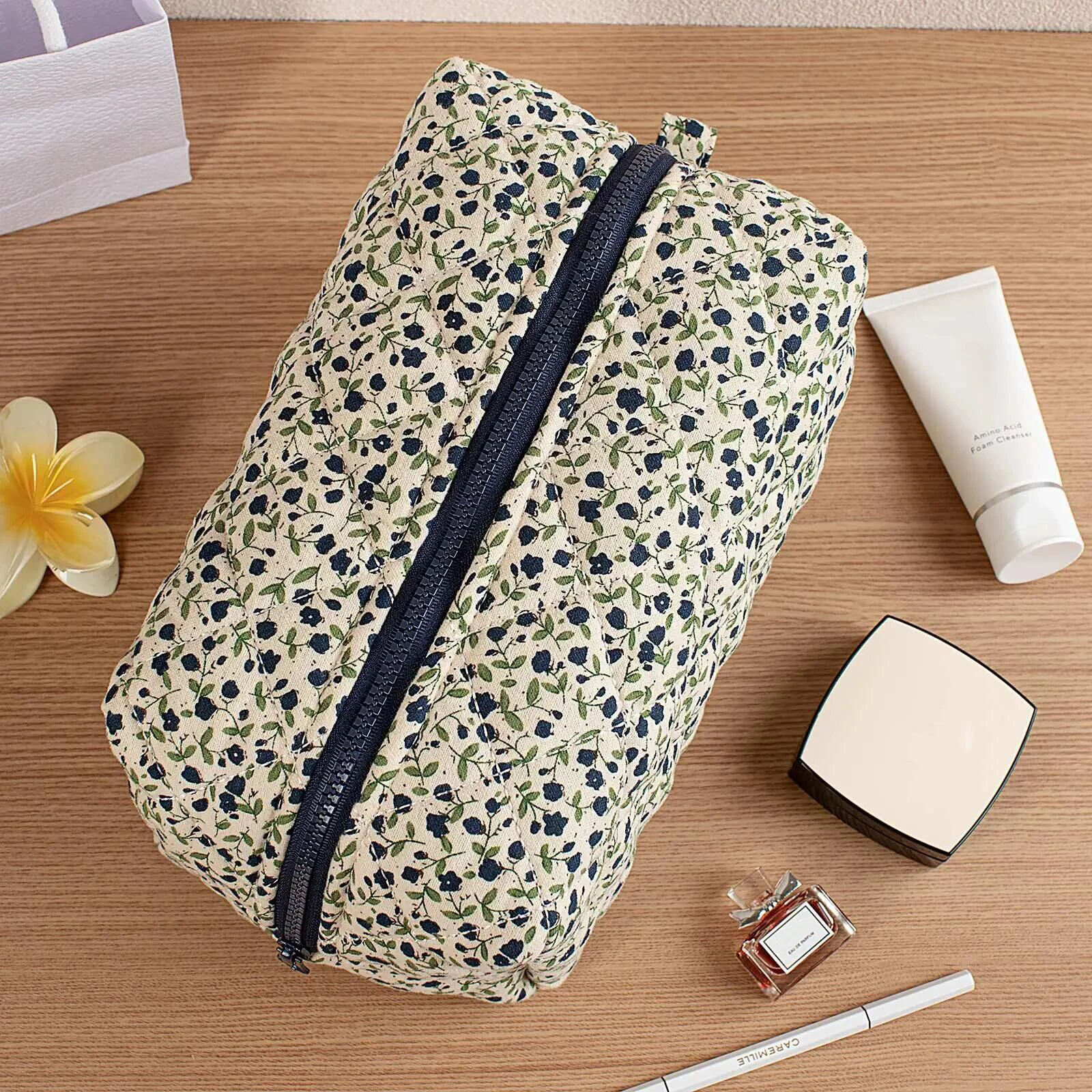 Flower Print Makeup Bag Large Capacity Travel Toiletry Organizer Portable Cosmetic Pouch Zipper Clutch for Women