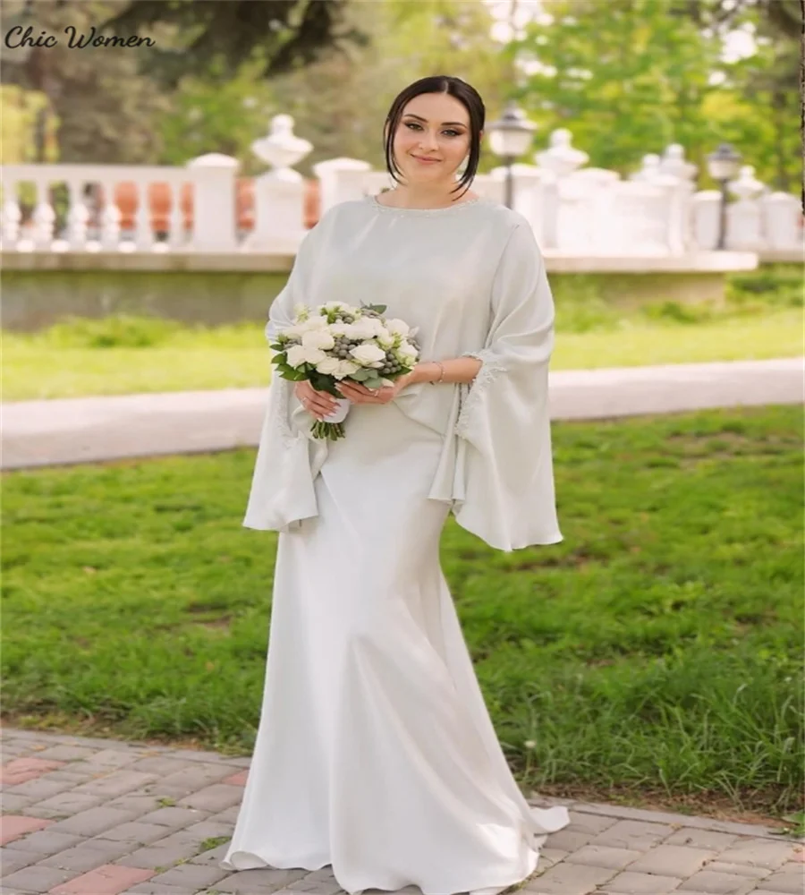 Robe de Mariée Arabe à Manches sulfet Col Rond, Caftan Moderne Perlé de Style Moyen-Orient et Dubaï, pour les Patients de Pays, Quelle que soit la Taille Plus, à Personnaliser