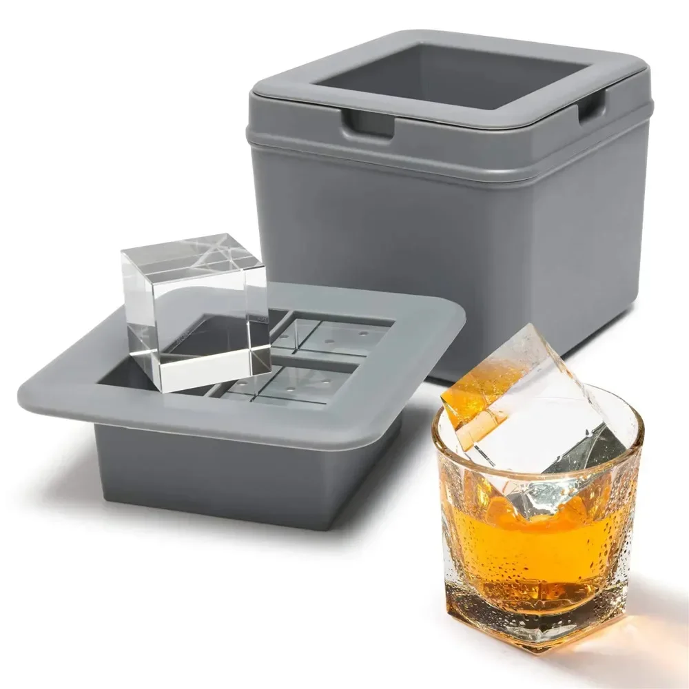 4 Large Square Crystal Clear Ice Cube Maker Easy Release BPA Free Drinks Whiskey Silicone Cocktails