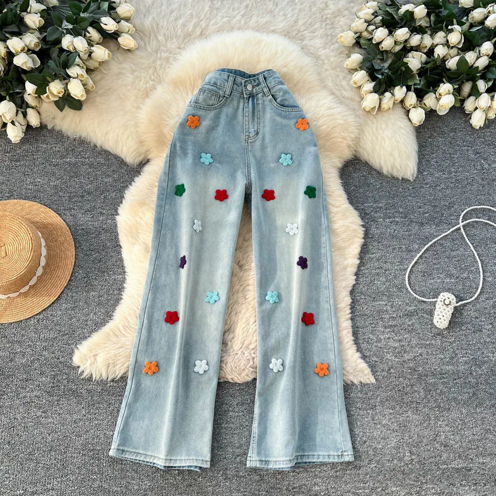 Embroidered Color Flower Casual Light Blue Jeans Women's High Waist Loose Slimming Wide Leg Pants Small Straight Ropa Para Mujer