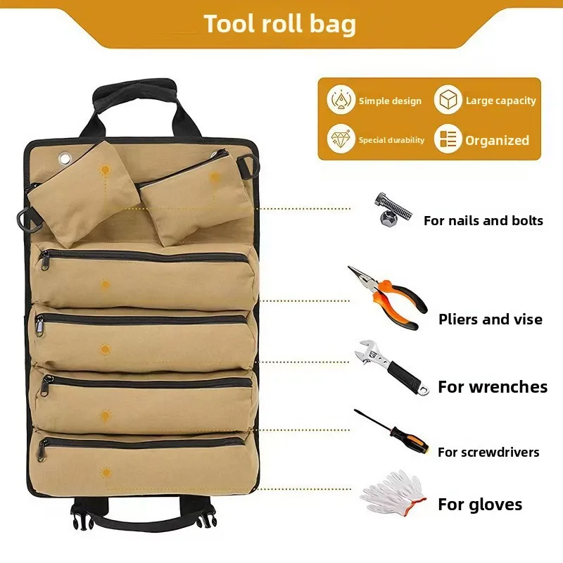 1 PCS Multi-function Large Capacity Roll-up Kit, Canvas Tool Roll Car Storage Bag, Hanging Tool Zipper Carrier Bag Camping Gear view 6