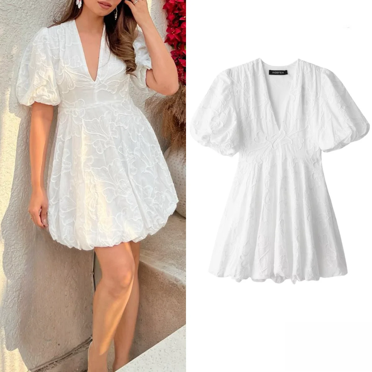  Mini Embroidered Puff Dress Women's Short Skirt Women's White Fashion Dress Elegant Party Dress Summer 2024 New Style