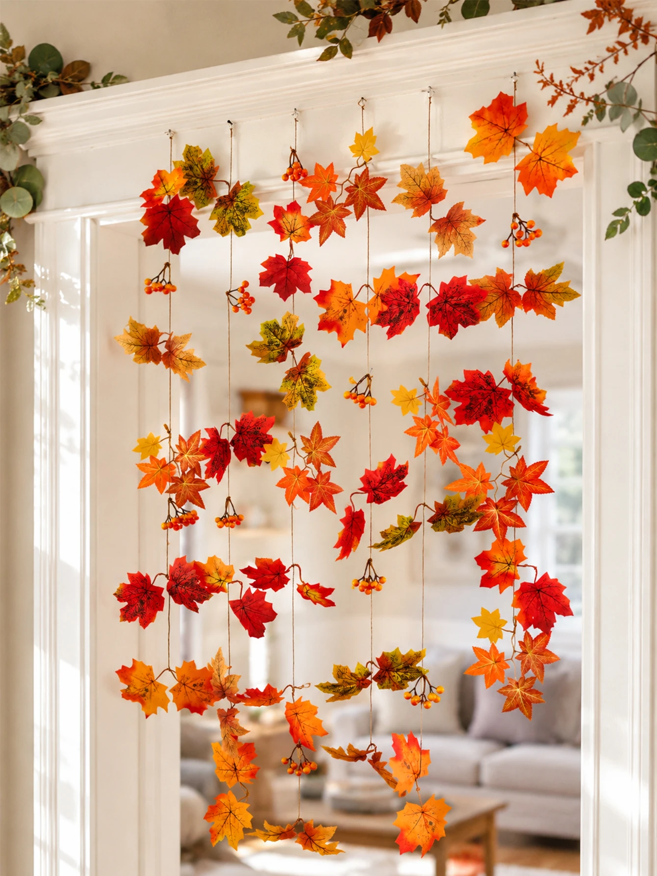 Artificial Maple Leaf Berry Hanging String Curtain Garland Thanksgiving Autumn Home Doorway Window Backdrop Banner Wall Decor